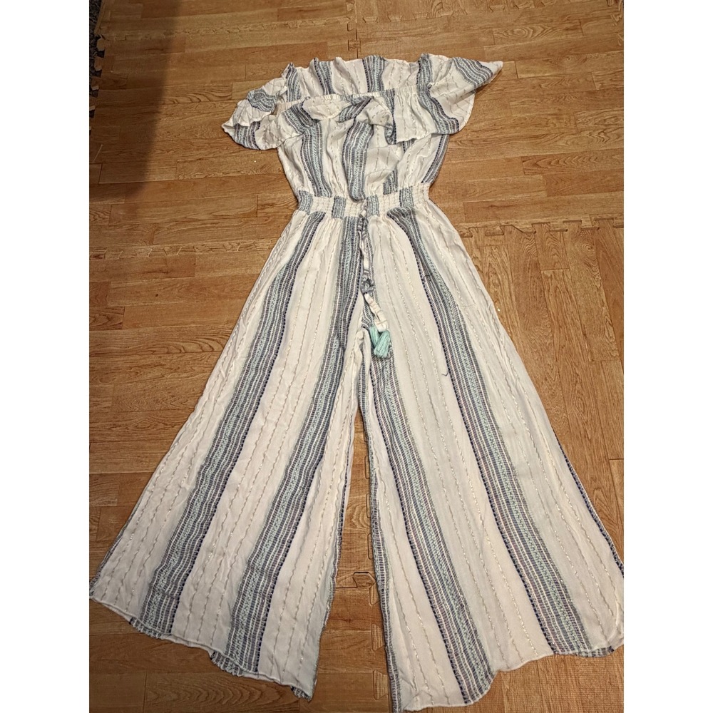 Surf Gypsy Off The Shoulder Wide Leg Jumpsuit Blue Gold Metallic Stripe Medium